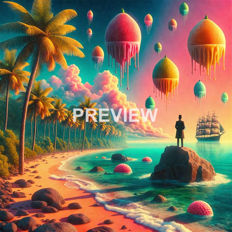 A surreal scene depicts a tropical beach with tall palm trees on the left, colorful floating jellyfish-shaped objects in the sky, a man in old-fashioned attire standing on a rock near the water, and a sailing ship in the distance, all set against a vibrant, dreamlike sunset with pink and orange clouds.